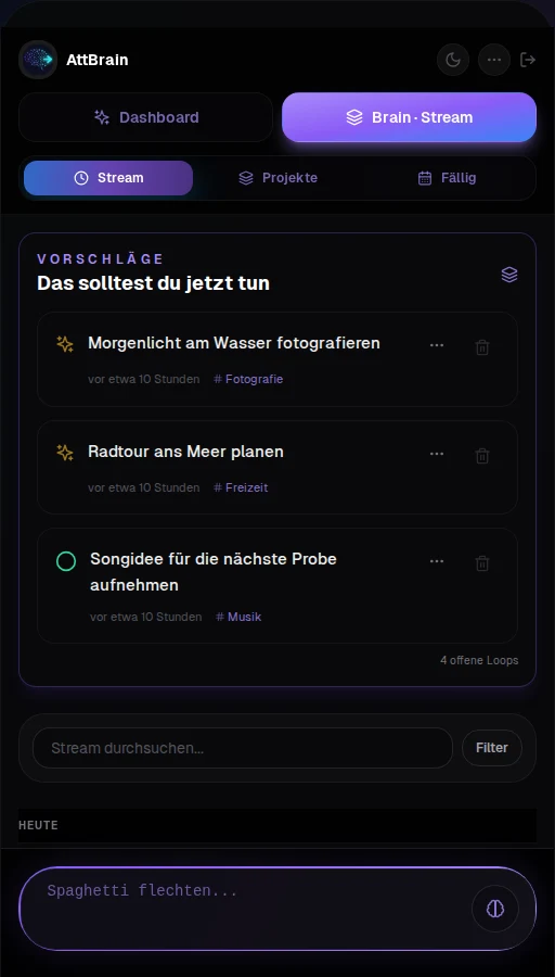 AttBrain: Stream mit Vorschlägen und Eingabefeld, mit Beispielnotizen